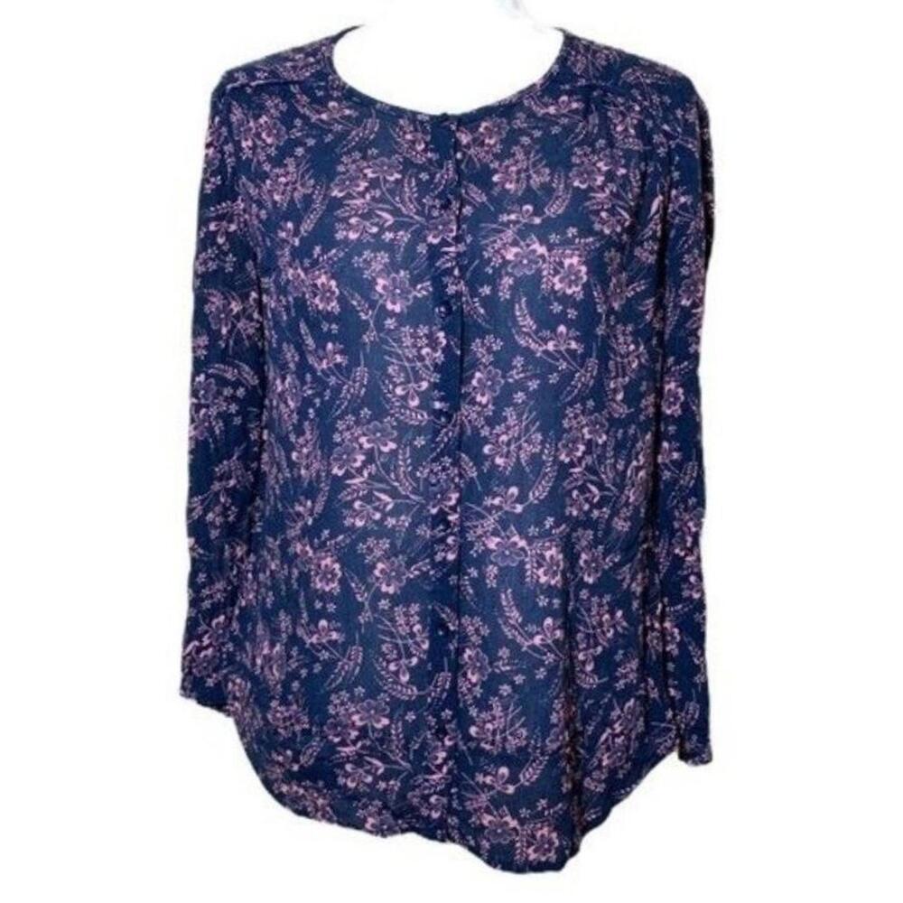 Hinge Floral Navy Pink Button Up Long Sleeve Lightweight Blouse‎ Boho Top Small